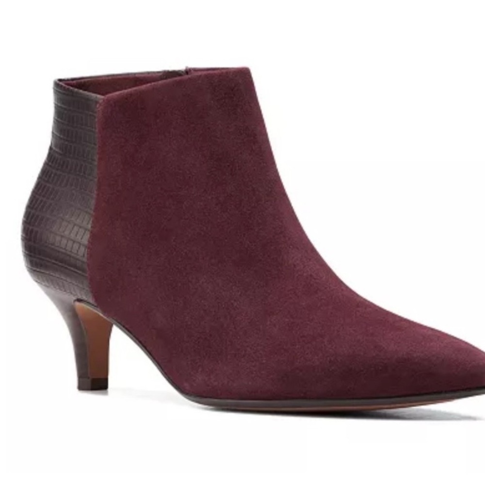 Clarks Linvale Sea Maroon Suede and Dark Brown Ankle Booties - Picture 3 of 5